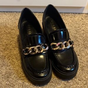 Guess Black Heeled Loafers with Gold Chain Accent